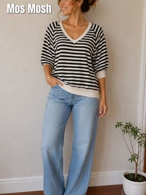 Mos Mosh Black & Cream Striped V-Neck Pullover